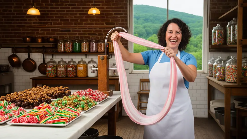 A laughing candy maker pulls a ribbon of pink taffy over a steel hook, trays of ribbon candy and jars of sweets around her.